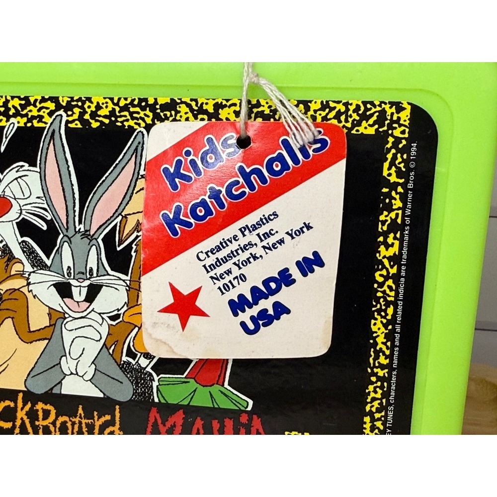 Vintage 1990s Looney Tunes Blackboard Mania Neon Green Lunch Box Pencil Case NWT - Picture 2 of 7